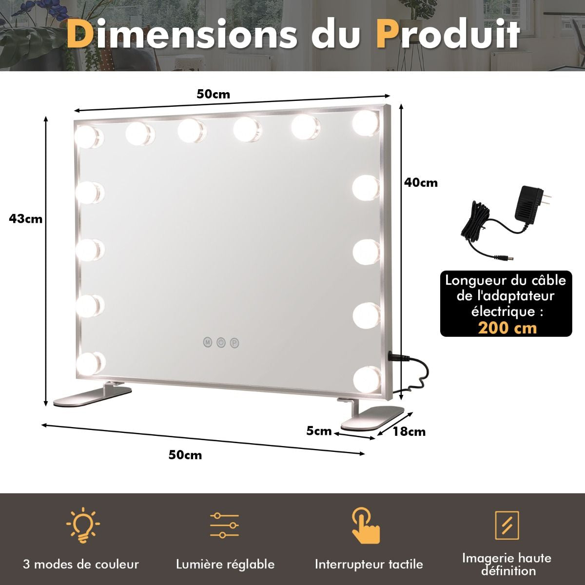 Miroir Maquillage Hollywood 14 Ampoules LED Tactile Éclairage Luminosité Rglable Blanc Froid/Chaud/Neutre