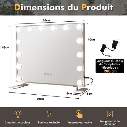 Miroir Maquillage Hollywood 14 Ampoules LED Tactile Éclairage Luminosité Rglable Blanc Froid/Chaud/Neutre