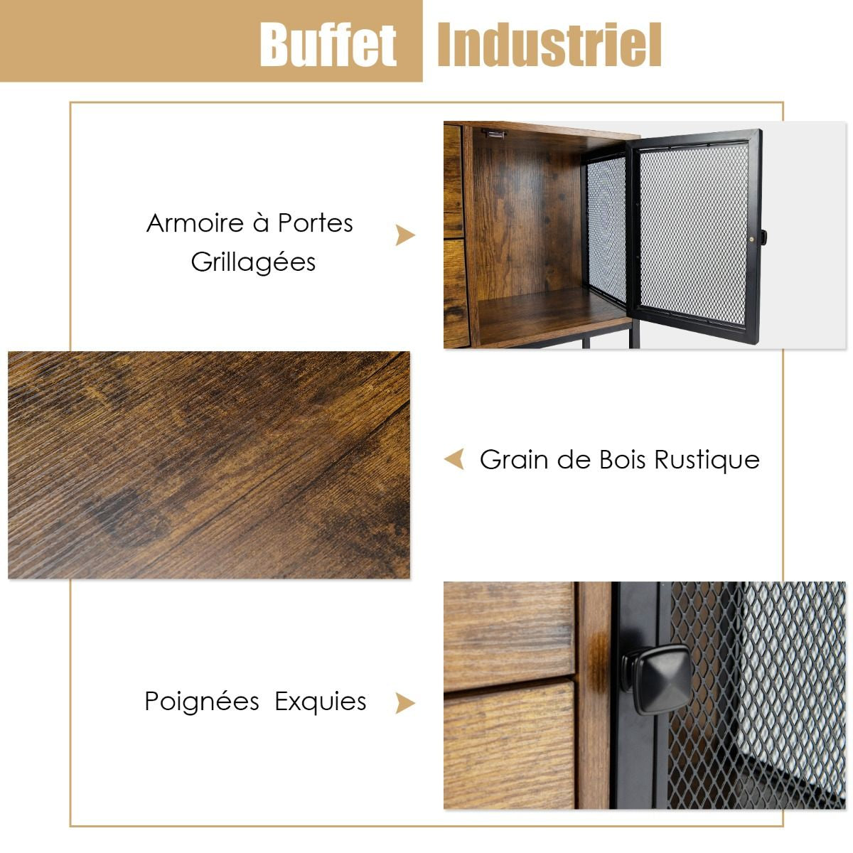 Buffet De Cuisine Avec 2 Placard 2 Tiroirs Et Étagère Inférieure Style Industriel Pour Salon Couloir Cuisine