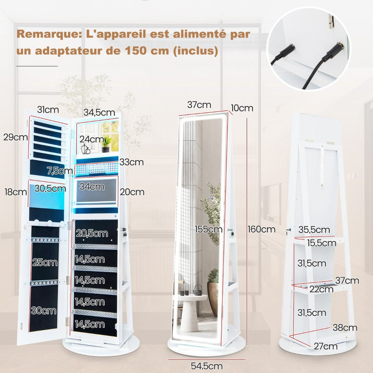 Armoire À Bijoux Avec Miroir Sur Pieds Pivotant 360° Grand Miroir Psyché Sans Cadre Avec LED Verrouillable Placard Beauté 3 Étagères Blanc/Café