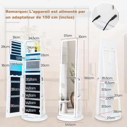 Armoire À Bijoux Avec Miroir Sur Pieds Pivotant 360° Grand Miroir Psyché Sans Cadre Avec LED Verrouillable Placard Beauté 3 Étagères Blanc/Café