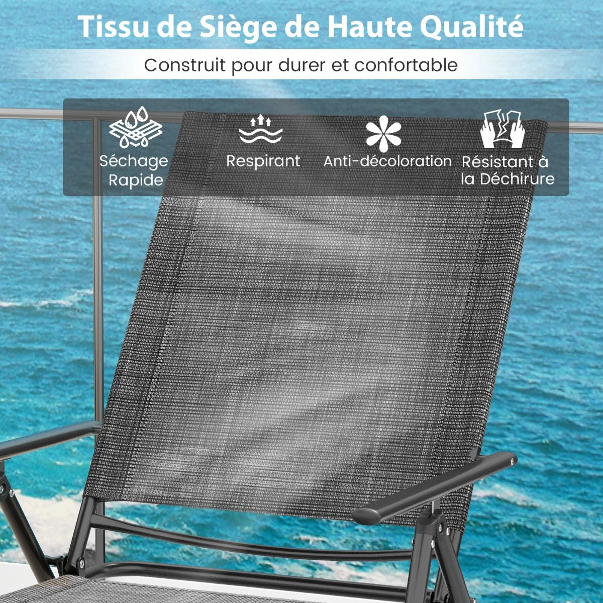 Chaises Longues Pliantes Fauteuil 2 Pièces Dossier À 6 Niveaux Tissu De Siège Respirant Cadre En Métal Solide Chaises Inclinables Réglables Gris/Noir/Café