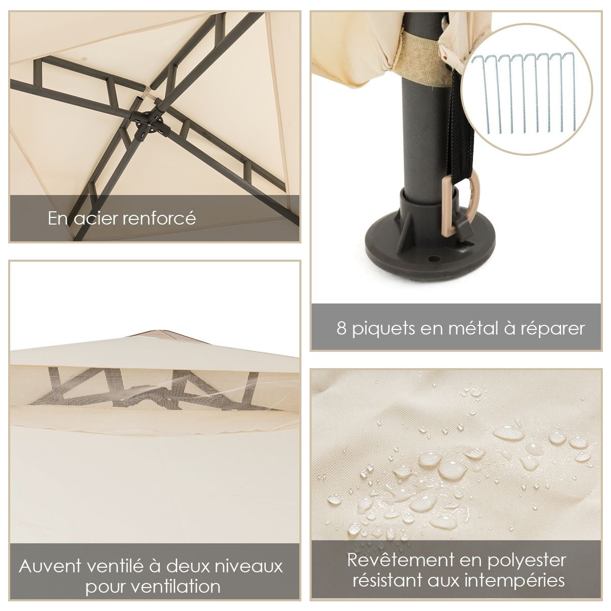 Tente De Réception Tonnelle De Jardin Imperméable Double Toits Moustiquaire Protection UV 50+ Imperméable 3X3M Pour Terrasse Jardin Brun/Beige