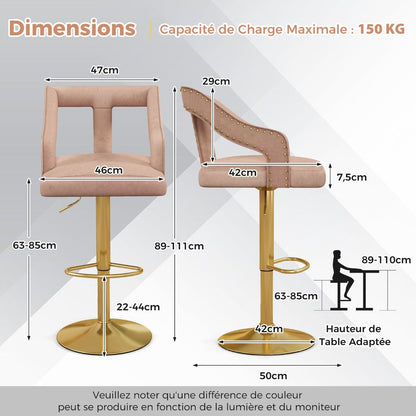 Lot De 2 Chaises De Bar Pivotantes Et Réglables Repose-Pied Base En Métal Galvanisé Anneau Antidérapant Gris/Rose