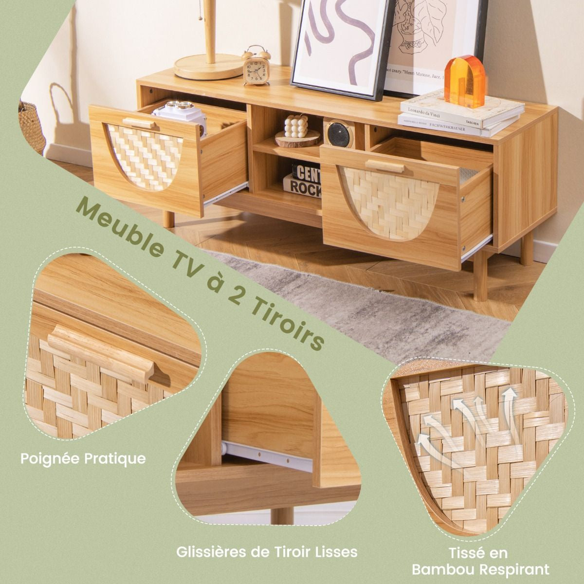 Meuble TV Jusqu'À 55" Table Console Multimédia Moderne Etagères Ouvertes Tiroirs Tissés En Bambou Centre De Divertissement Blanc Et Naturel