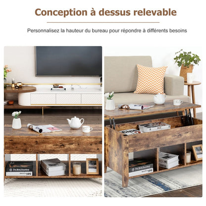 Table Basse Avec Plateau Relevable Noir 105 X 52 X 49 CM Avec Trois Compartiments Pour Rangement Design Contemporain Marron/Noir
