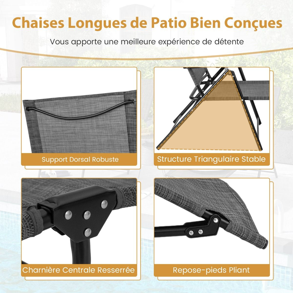 Chaises Longues Pliantes Fauteuil 2 Pièces Dossier À 6 Niveaux Tissu De Siège Respirant Cadre En Métal Solide Chaises Inclinables Réglables Gris/Noir/Café