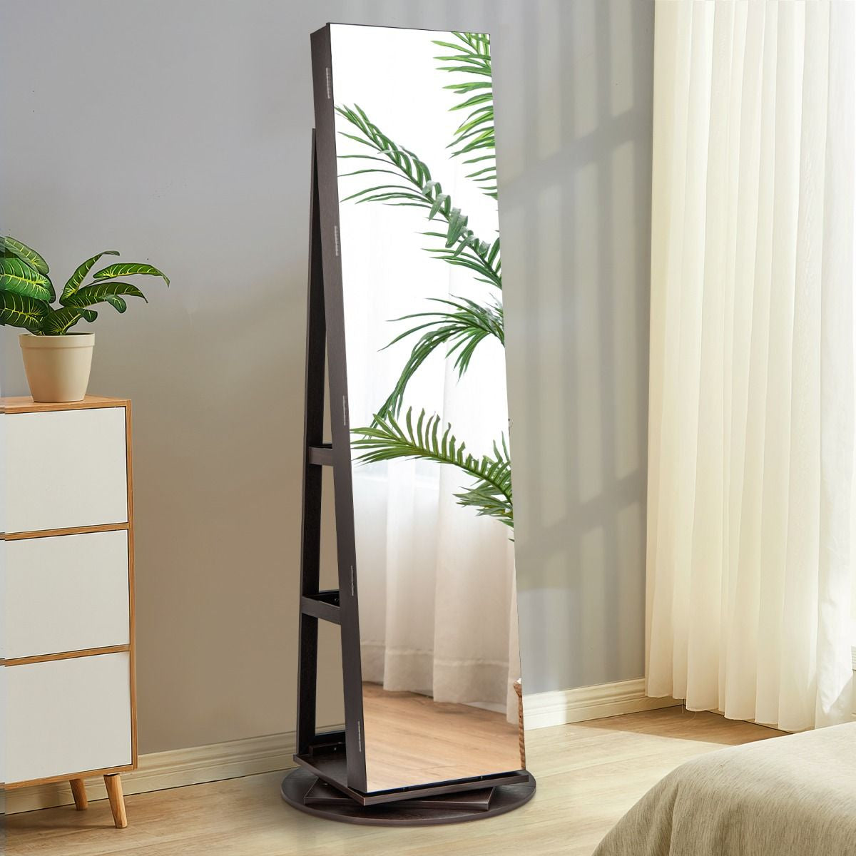 Armoire À Bijoux Pivotante À 360°Avec Lumières LED 3 Couleurs Miroir Pleine Longueur Et Étagère 3 Niveaux En Arrière 10 Couleurs Au Choix