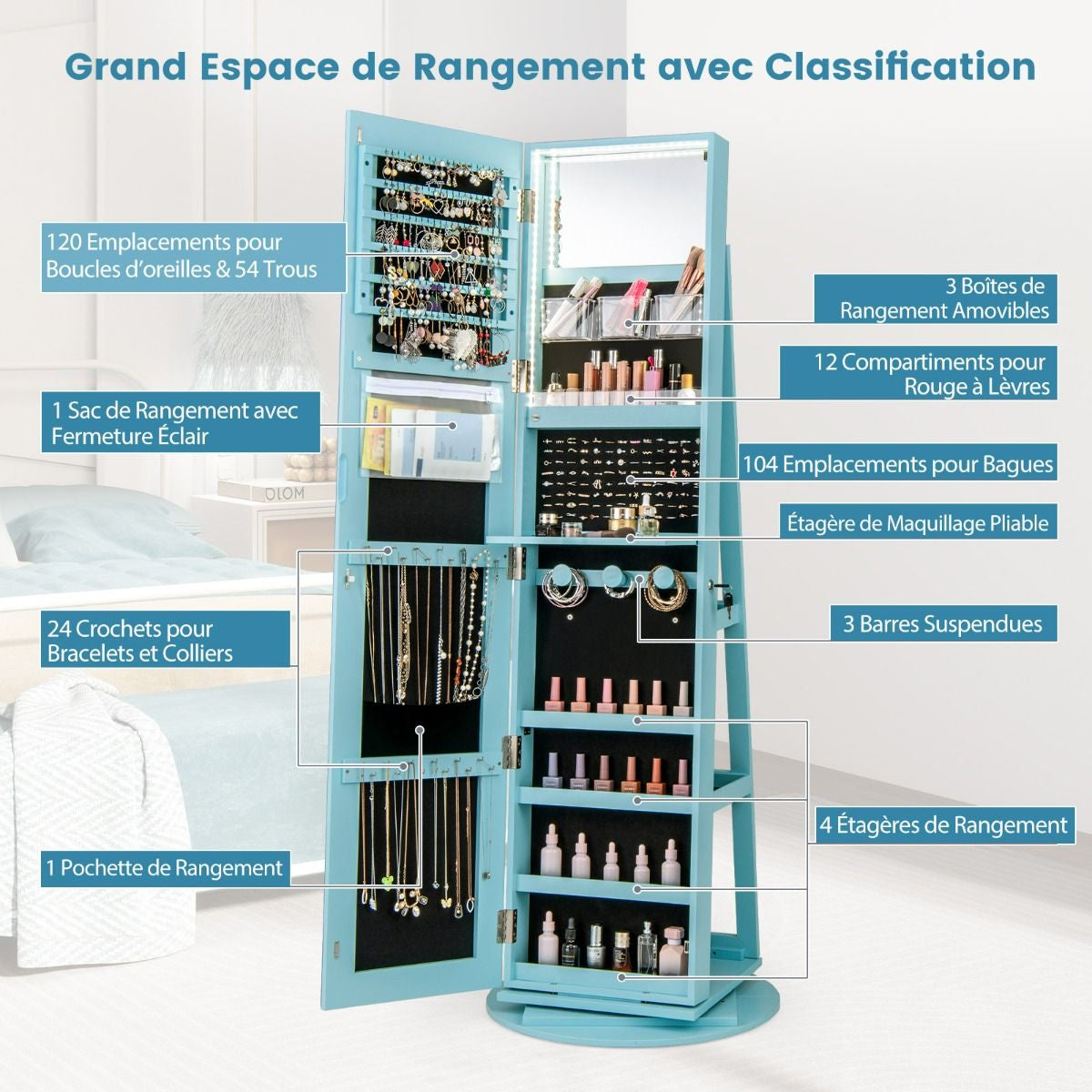 Armoire À Bijoux Pivotante À 360°Avec Lumières LED 3 Couleurs Miroir Pleine Longueur Et Étagère 3 Niveaux En Arrière 10 Couleurs Au Choix