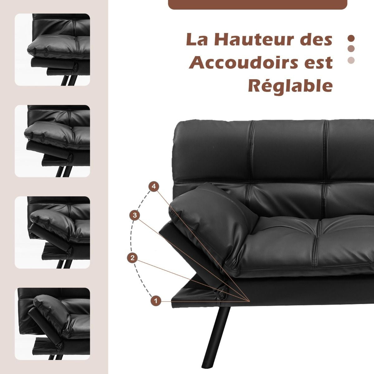 Canapé-Lit Futon Convertible En Mousse À Mémoire De Forme Avec Dossier Et Accoudoirs Réglables Canapé-Lit Futon Moderne Gris/Noir/Brun