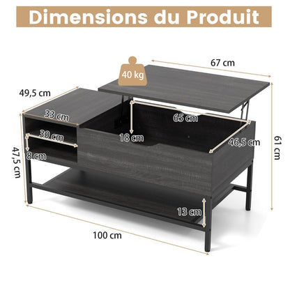 Table Basse À Plateau Relevable Table De Salon Avec Compartiment Caché Et Etagère De Rangement Amovible Table Centrale Rabattable Blanc/Gris