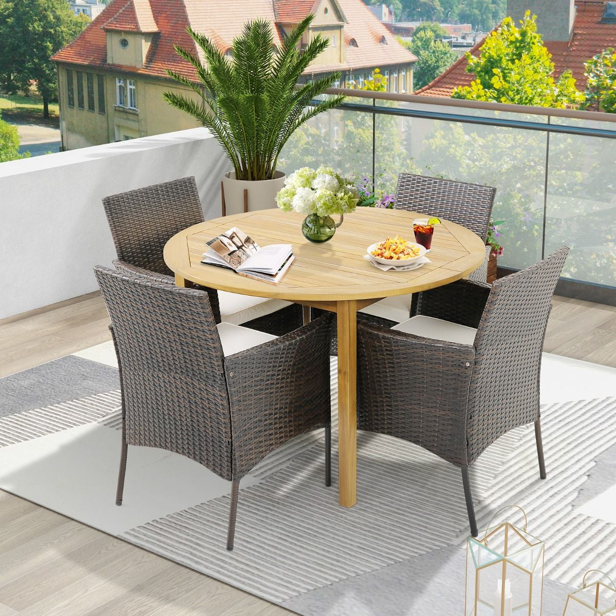 Ensemble De 4 Chaises De Jardin En Rotin Chaises En Rotin PE Avec Coussins Moelleux Cadre Métallique Robuste Accoudoirs Incurvés