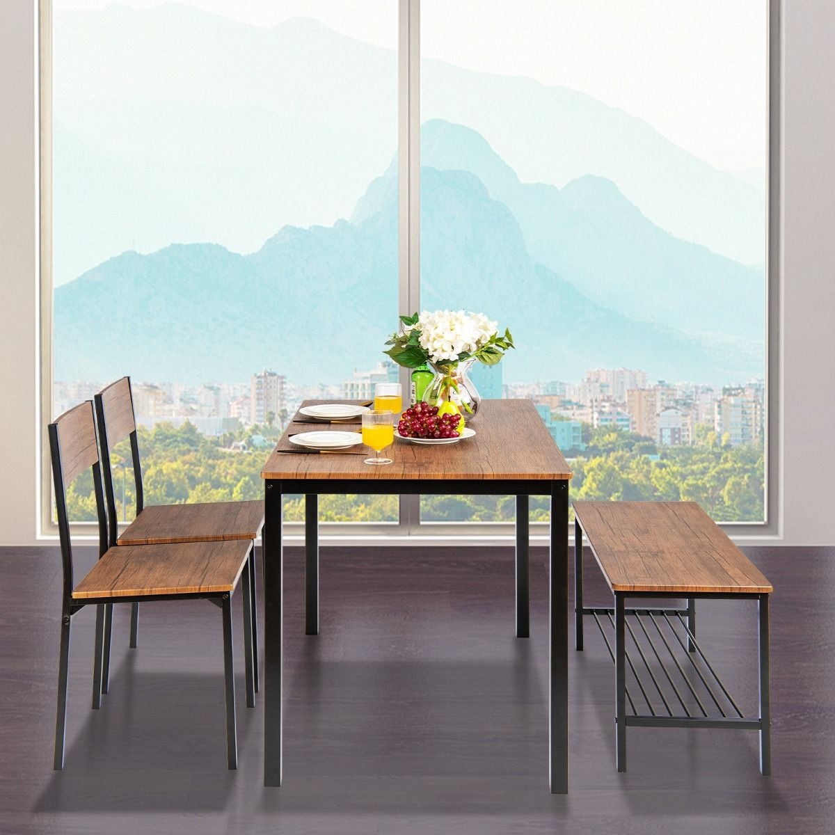 Ensemble Table Et 2 Chaise 1 Banc 4 Personnes Style Industriel Structure En Métal Pour Salle À Manger Restaurant Cuisine Marron/Gris/Café