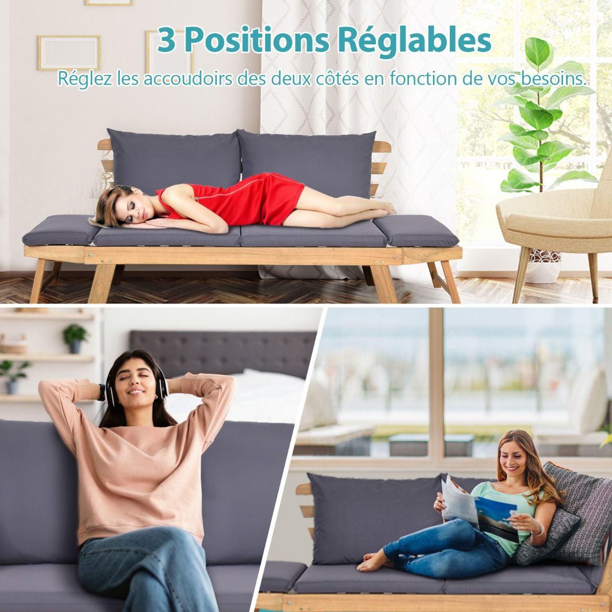 Chaise Longue Convertible Avec Coussin Canapé De Jardin 2 En 1 En Bois D’Acacia Avec Accoudoir Réglable 4 Couleurs Au Choix