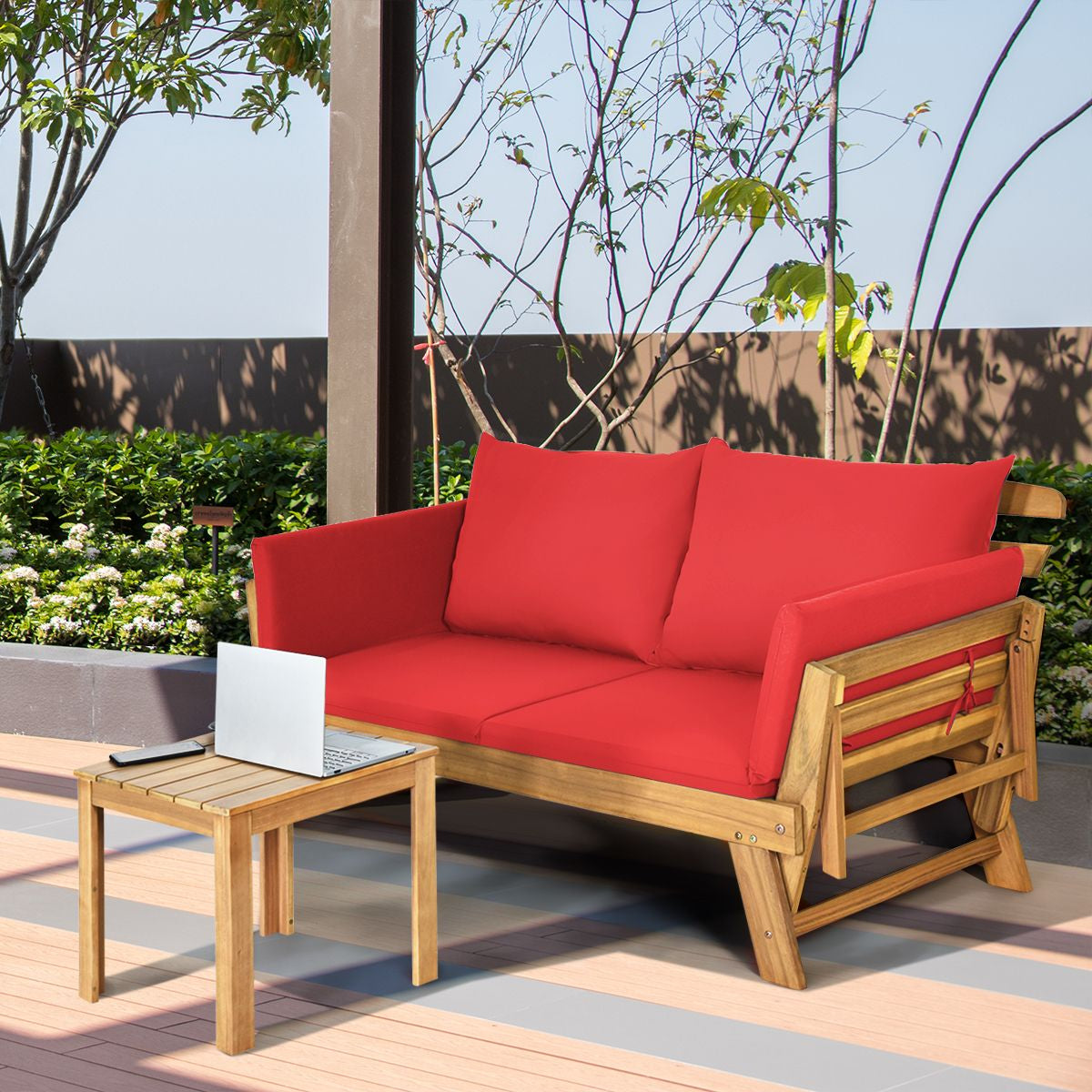 Chaise Longue Convertible Avec Coussin Canapé De Jardin 2 En 1 En Bois D’Acacia Avec Accoudoir Réglable 4 Couleurs Au Choix