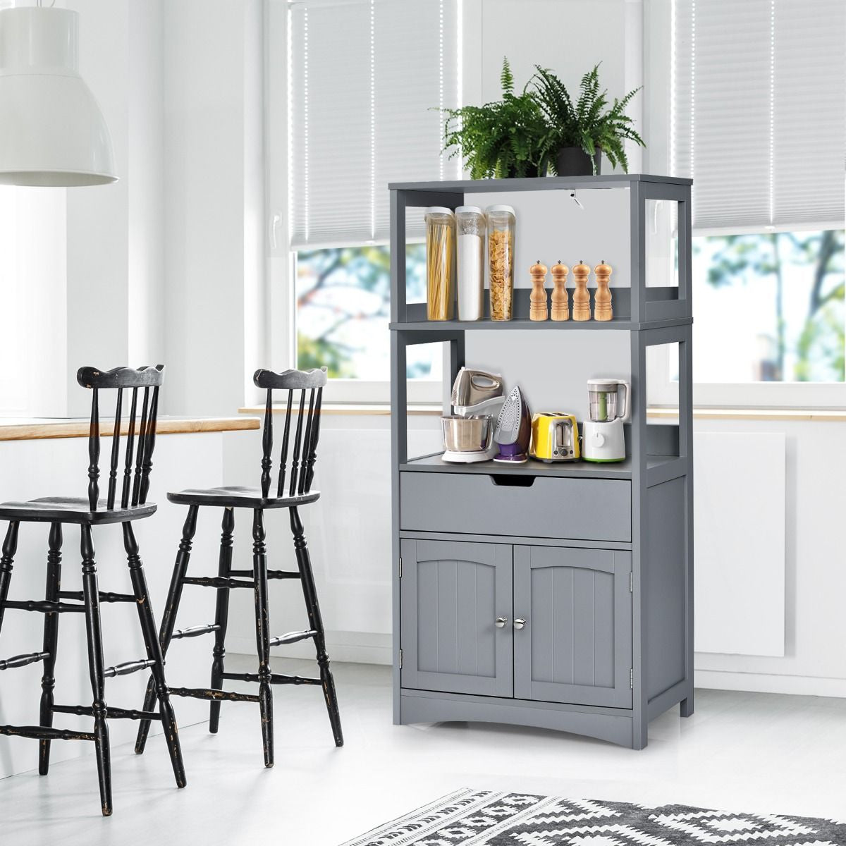 Armoire De Salle De Bain Avec 2 Portes 1 Tiroir 3 Etagères Ouvertes Capacité 70 Kg En Mdf 32,5X60X122Cm Blanc/Noir/Gris