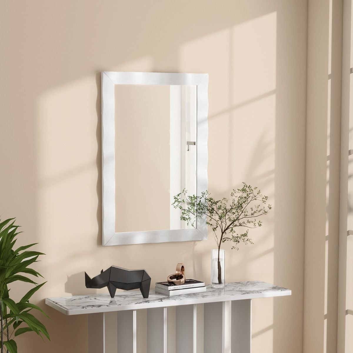 Miroir Mural 106X71,5Cm Miroir En Bois De Caoutchouc Style Rustique Avec Cadre En Bois Massif Miroir Rectangulaire De Vanité Blanc/Noir