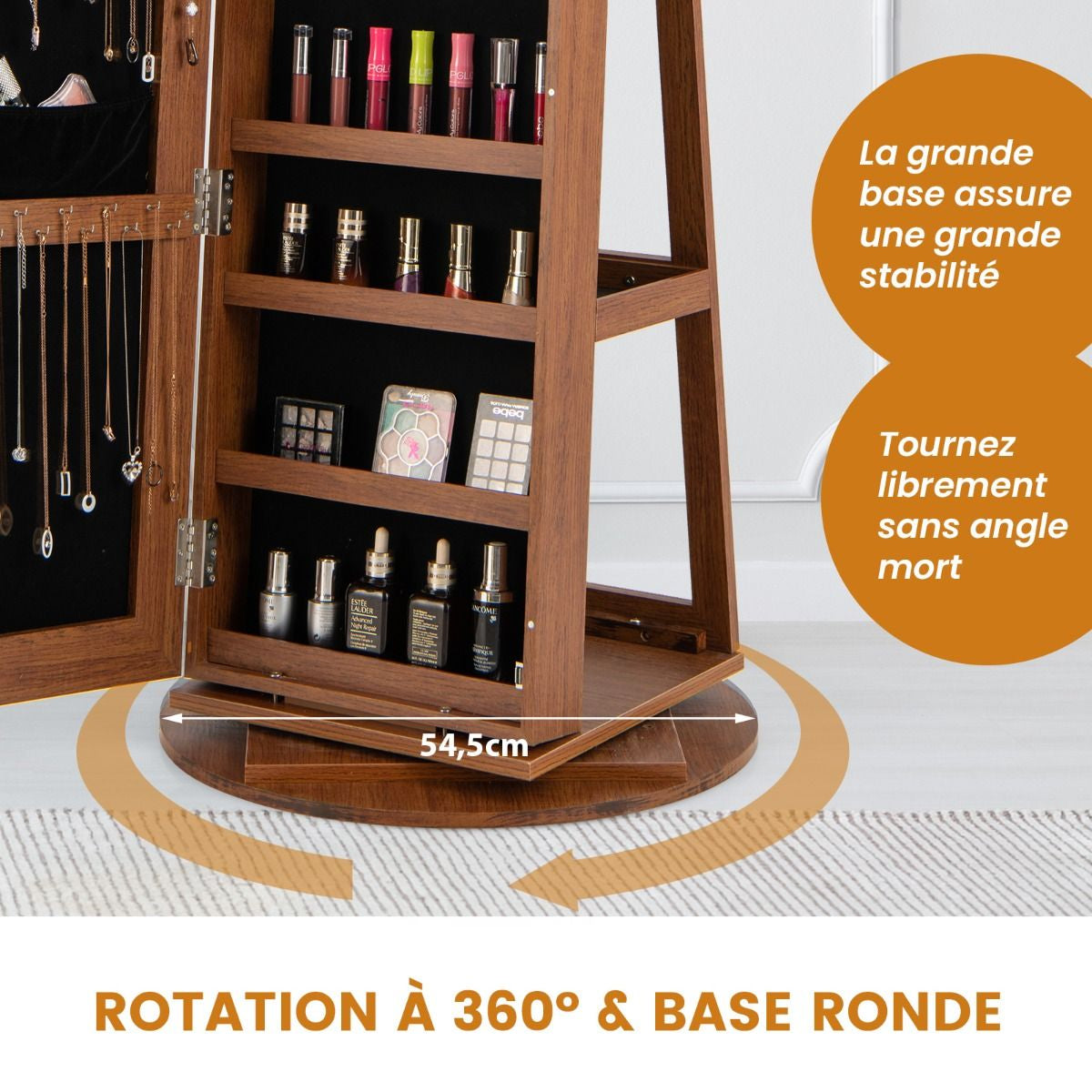 Armoire À Bijoux Pivotante À 360°Avec Lumières LED 3 Couleurs Miroir Pleine Longueur Et Étagère 3 Niveaux En Arrière 10 Couleurs Au Choix