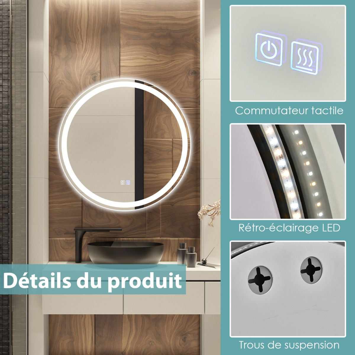 Miroir De Salle De Bain LED Ø 60 Cm Avec 3 Eclairages Interrupteur Tactile Et Fonction Anti-Buée