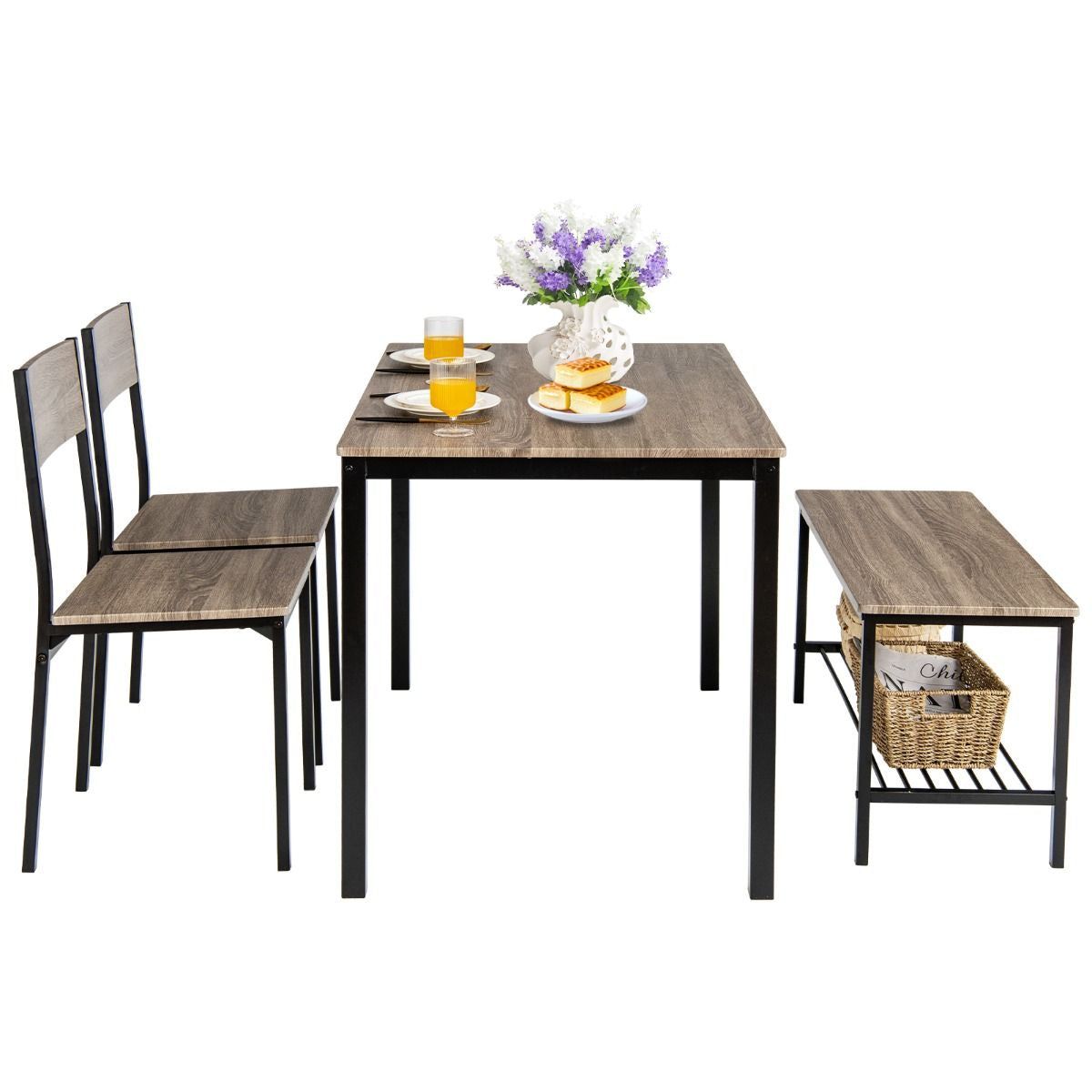 Ensemble Table Et 2 Chaise 1 Banc 4 Personnes Style Industriel Structure En Métal Pour Salle À Manger Restaurant Cuisine Marron/Gris/Café