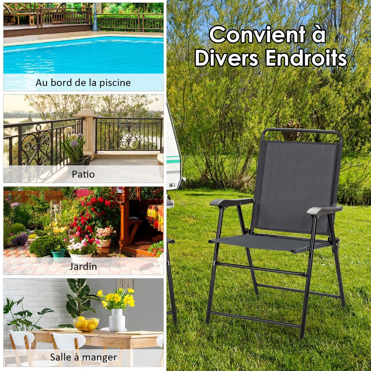 Lot De 4 Chaises Fauteuils De Jardin Pliantes En Textilène Accoudoirs Patins Antidérapants Charge 150KG Gris