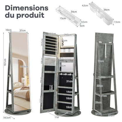 Armoire À Bijoux Pivotante À 360°Avec Lumières LED 3 Couleurs Miroir Pleine Longueur Et Étagère 3 Niveaux En Arrière 10 Couleurs Au Choix