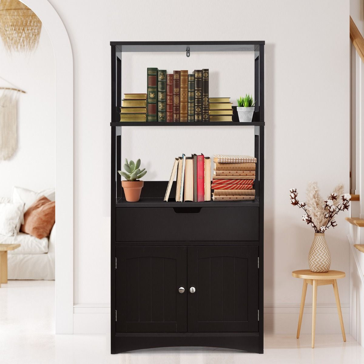 Armoire De Salle De Bain Avec 2 Portes 1 Tiroir 3 Etagères Ouvertes Capacité 70 Kg En Mdf 32,5X60X122Cm Blanc/Noir/Gris