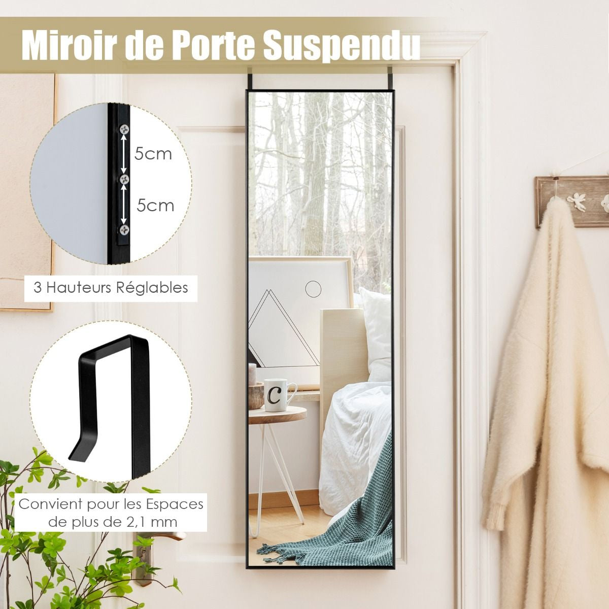 Miroir HD Psyché Mural Miroir Rectangulaire De Grand Format H 120 X L37 CM Cadre Argent En Alliage D'Aluminium Noir/Argent/Or