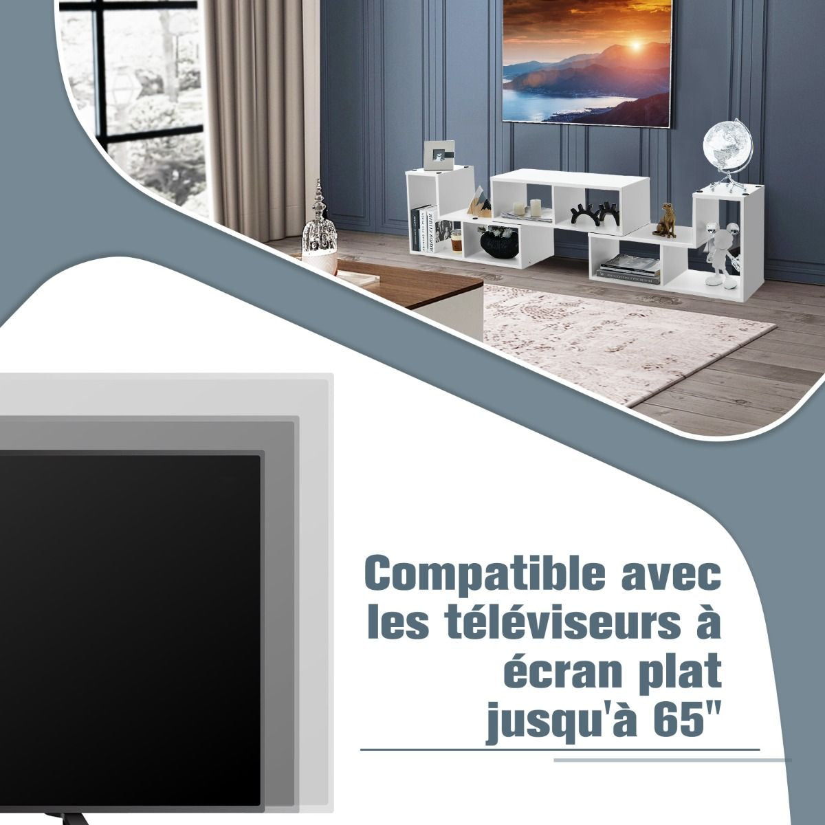 Meuble TV 3 Pièces 134-180X30X43Cm Combination Libre Pour Télévision Jusqu’À 49 Pouces Pour Salon Chambre Bureau En MDF Noir/Blanc/Café/Gris