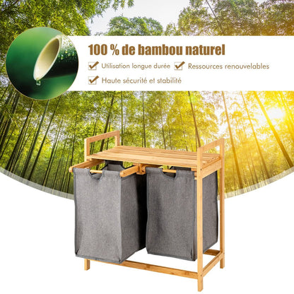 Panier À Linge Sur Pied En Bambou 64 X 33 X 73 CM Avec 2 Sacs À Linge Sale Poignées Et Étagère Supérieure Naturel/Blanc