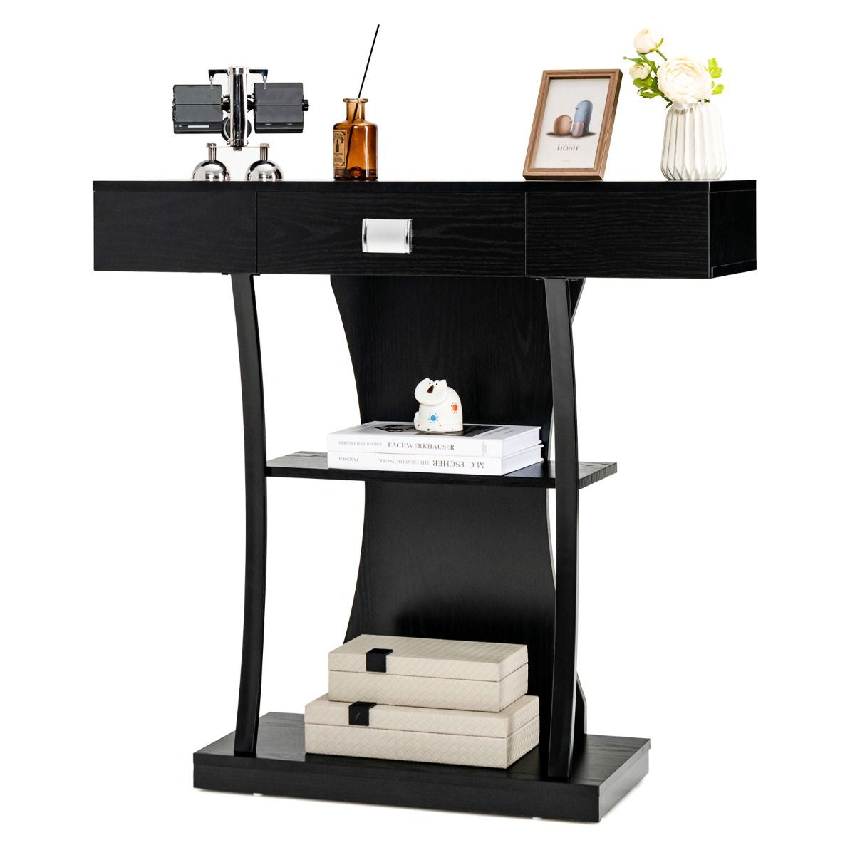 Table Console 3 Étagères Meuble D'Entrée L91 X P30 X H88 Style Scandinave Dispositif Anti-Renversement Brun Rustique/Noir/Gris