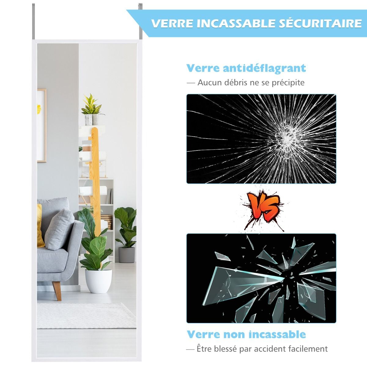 Miroir À Suspendre Sur Porte Avec Crochets De Suspension Réglables En Hauteur 36,5 X 107 CM Blanc/Café/Noir