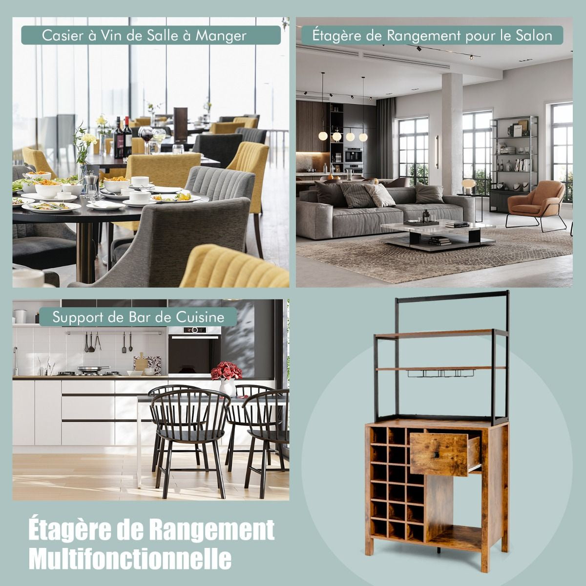 Armoire De Cuisine Avec Casier À Vin Peut Contenir 18 Bouteilles Et Tiroir Support De Bar À 4 Niveaux Avec Support De Verre À Vin Café