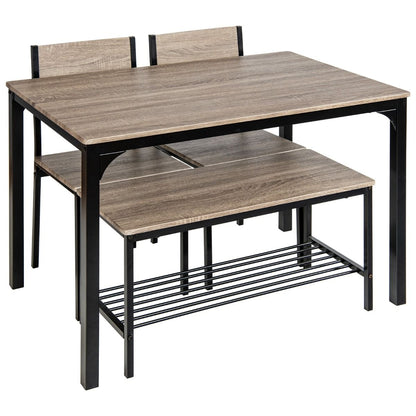 Ensemble Table Et 2 Chaise 1 Banc 4 Personnes Style Industriel Structure En Métal Pour Salle À Manger Restaurant Cuisine Marron/Gris/Café
