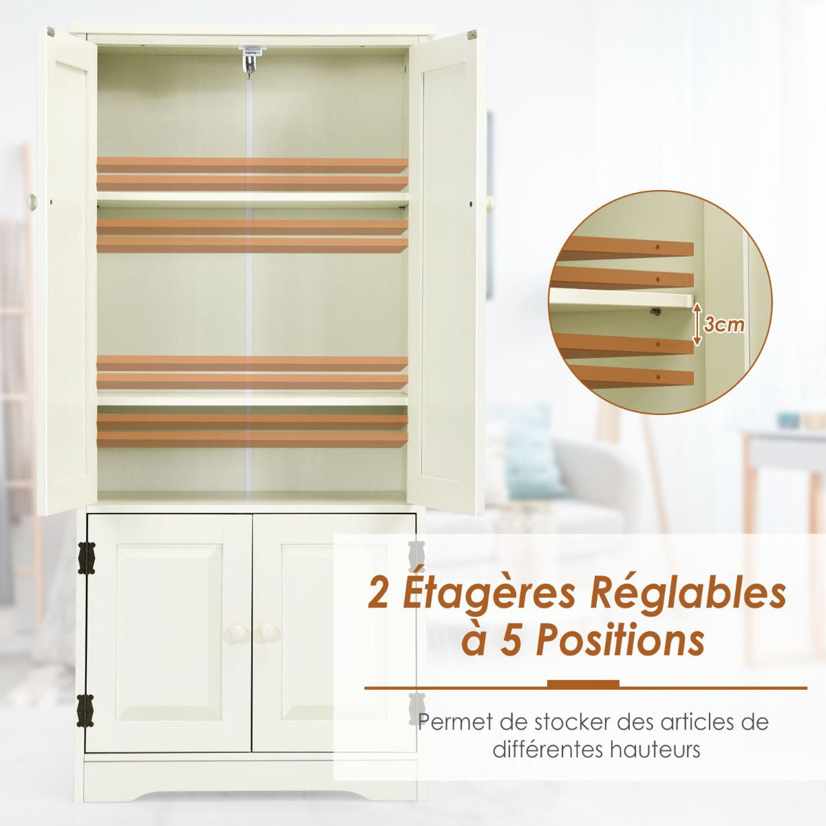 Armoire De Chambre Avec 2 Porte De Style Vintage Avec 2 Etagères Réglables À 5 Positions En MDF Blanc/Noir