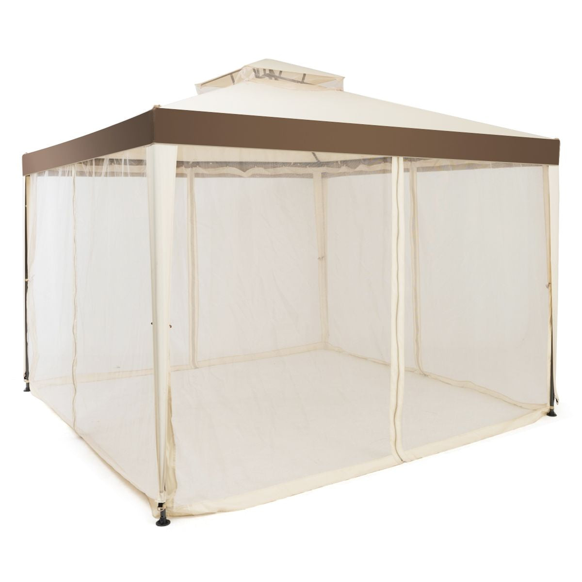 Tente De Réception Tonnelle De Jardin Imperméable Double Toits Moustiquaire Protection UV 50+ Imperméable 3X3M Pour Terrasse Jardin Brun/Beige