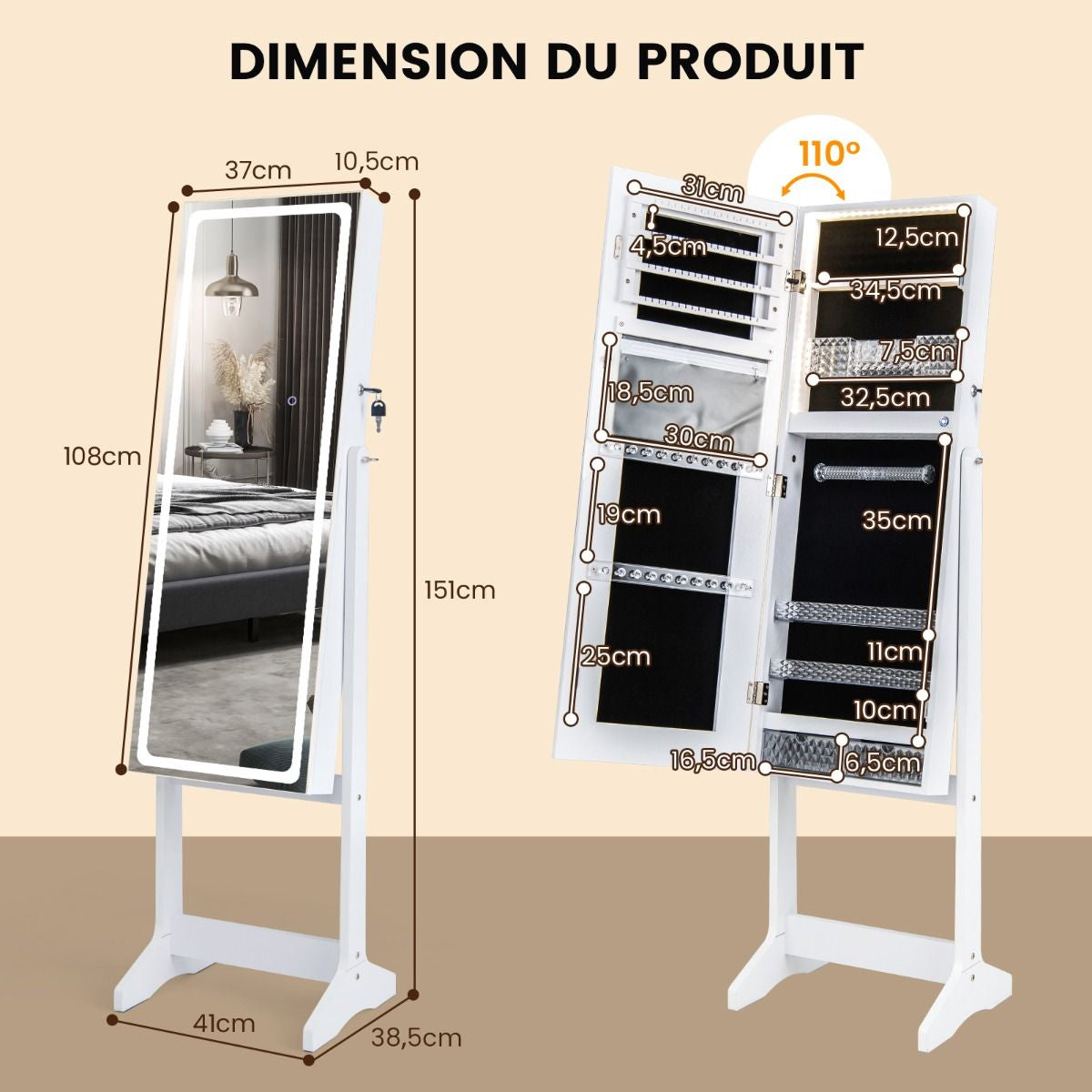 Armoire À Bijoux Sur Pied Avec Lumières LED Armoire Verrouillable Avec Miroir Pleine Longueur Éclairé Blanc/Marron Rustique/Noyer