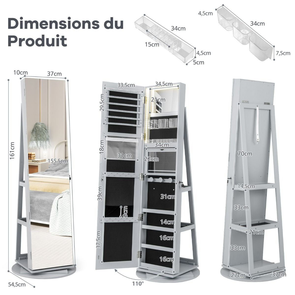 Armoire À Bijoux Pivotante À 360°Avec Lumières LED 3 Couleurs Miroir Pleine Longueur Et Étagère 3 Niveaux En Arrière 10 Couleurs Au Choix
