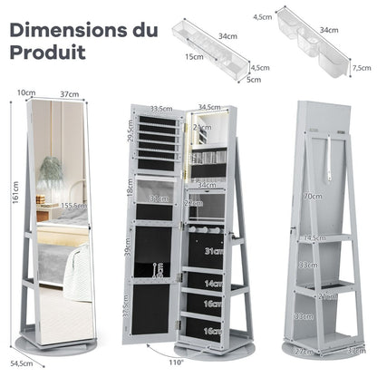 Armoire À Bijoux Pivotante À 360°Avec Lumières LED 3 Couleurs Miroir Pleine Longueur Et Étagère 3 Niveaux En Arrière 10 Couleurs Au Choix