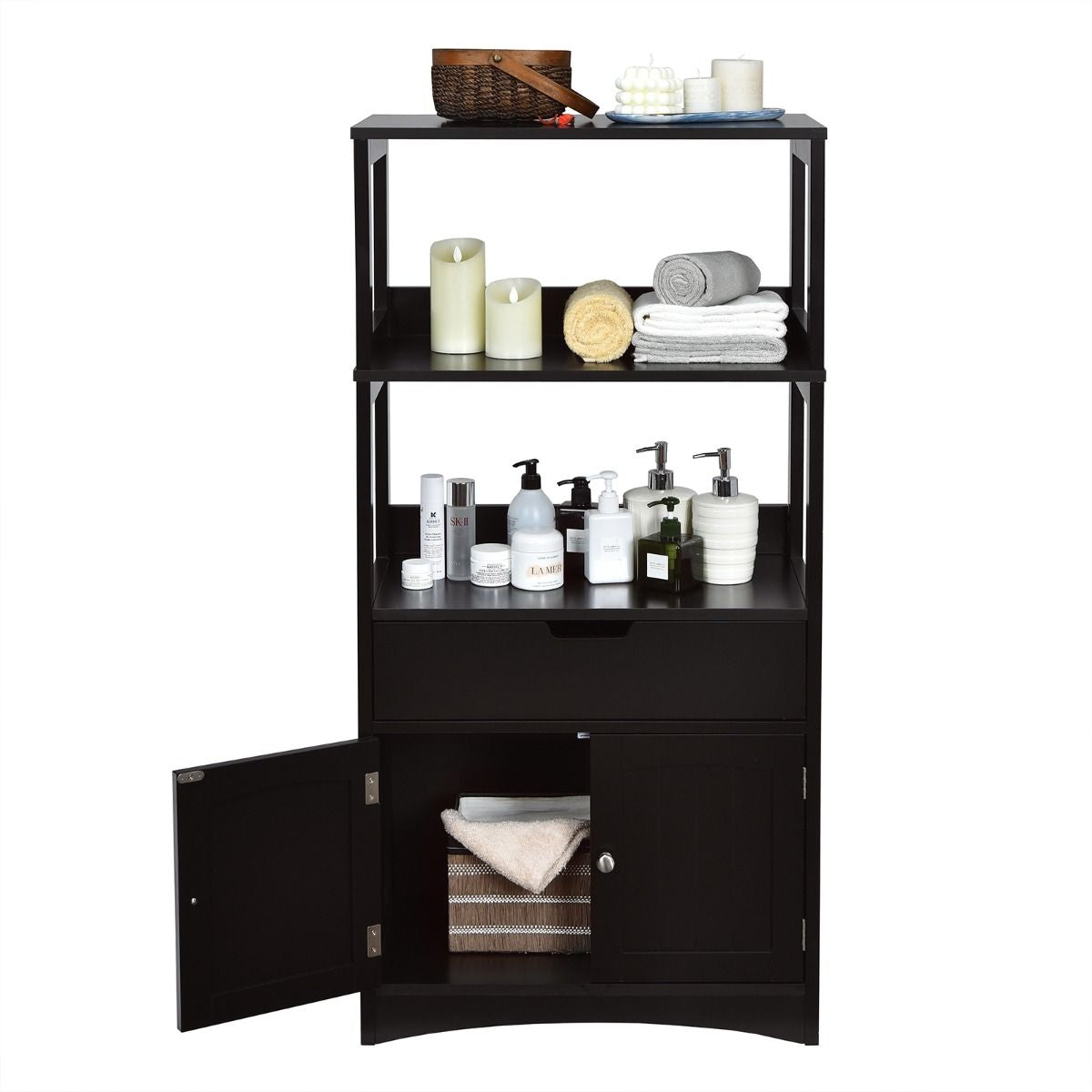 Armoire De Salle De Bain Avec 2 Portes 1 Tiroir 3 Etagères Ouvertes Capacité 70 Kg En Mdf 32,5X60X122Cm Blanc/Noir/Gris