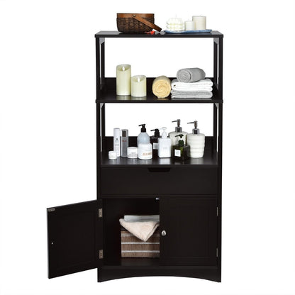 Armoire De Salle De Bain Avec 2 Portes 1 Tiroir 3 Etagères Ouvertes Capacité 70 Kg En Mdf 32,5X60X122Cm Blanc/Noir/Gris