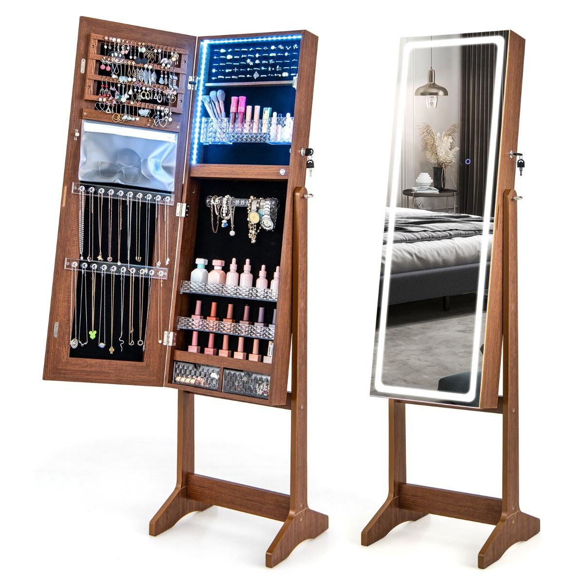 Armoire À Bijoux Sur Pied Avec Lumières LED Armoire Verrouillable Avec Miroir Pleine Longueur Éclairé Blanc/Marron Rustique/Noyer