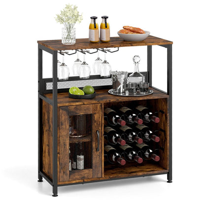 Meuble Bar Meuble À Vin Autonome Avec Casier À Vin Porte-Verres Rangement Buffet Bar Café Industriel Avec Porte En Grillage Brun Rustique