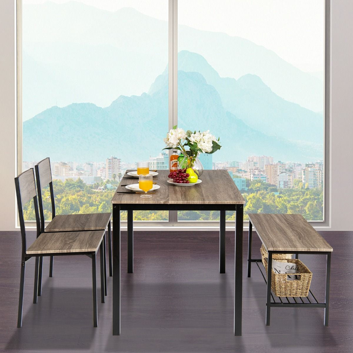 Ensemble Table Et 2 Chaise 1 Banc 4 Personnes Style Industriel Structure En Métal Pour Salle À Manger Restaurant Cuisine Marron/Gris/Café