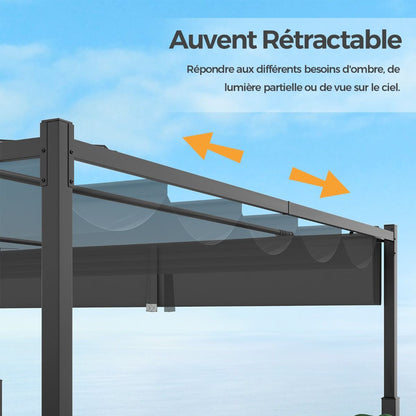 Pergola D'Extérieur 310 X 310 CM Avec Auvent Rétractable Colonnes Métalliques Robustes Pavillon Moderne Pare-Soleil Tonnelle