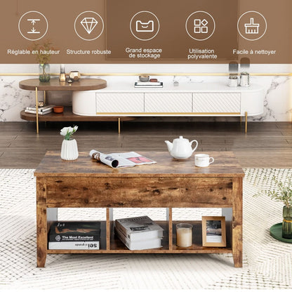 Table Basse Avec Plateau Relevable Noir 105 X 52 X 49 CM Avec Trois Compartiments Pour Rangement Design Contemporain Marron/Noir