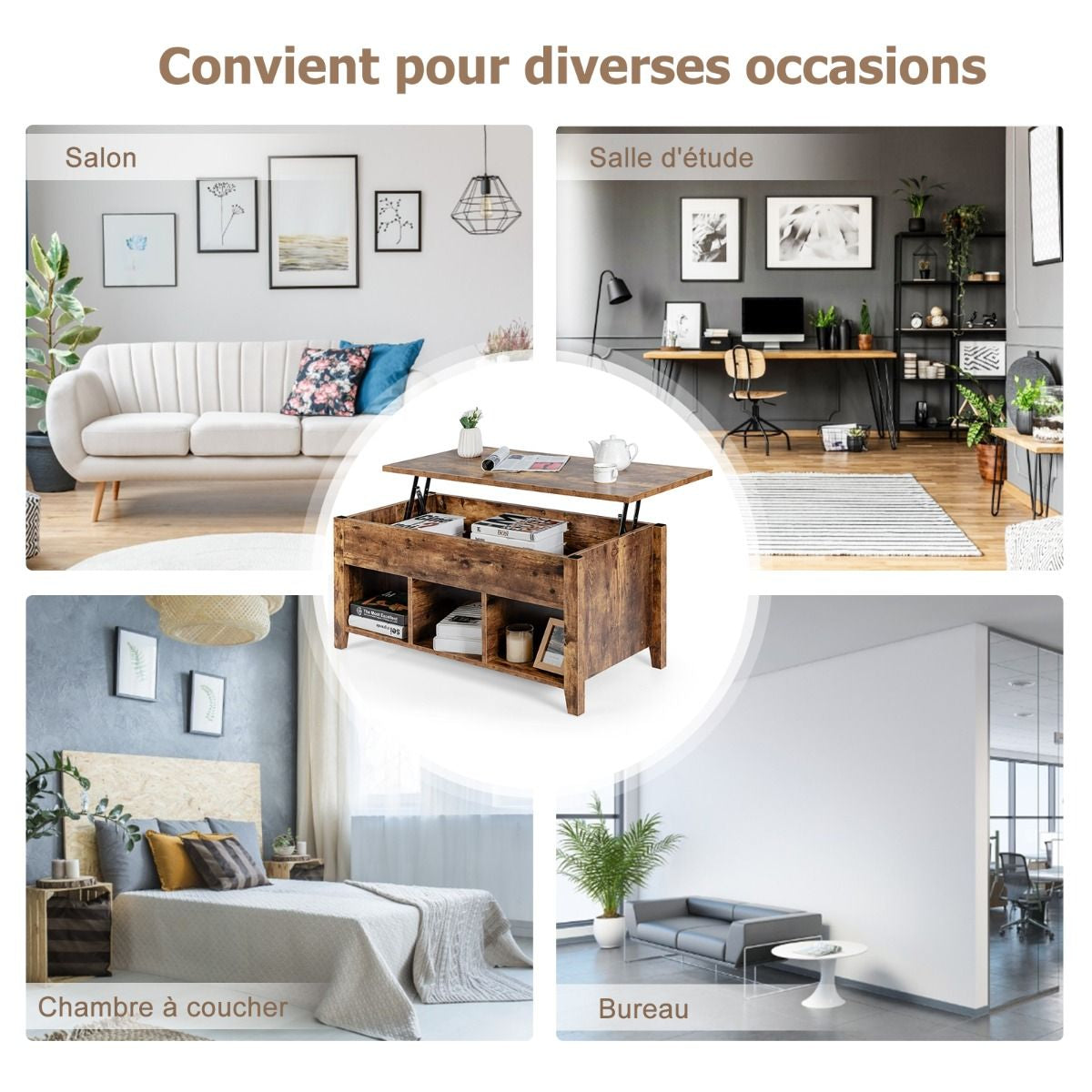 Table Basse Avec Plateau Relevable Noir 105 X 52 X 49 CM Avec Trois Compartiments Pour Rangement Design Contemporain Marron/Noir