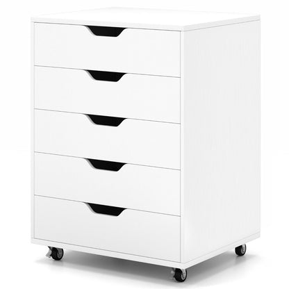 Caisson Mobile Et Vertical À Roulettes Avec 5 Tiroirs Poignée Incurvée Et 2 Roues Avec Frein 49 X 40 X 65 Cm Blanc/Naturel/Noir