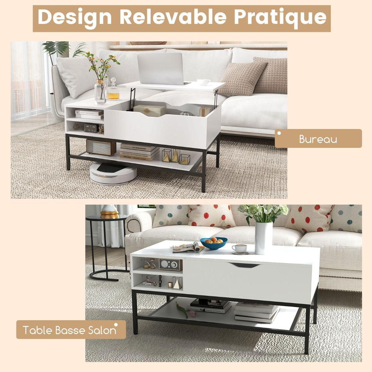 Table Basse À Plateau Relevable Table De Salon Avec Compartiment Caché Et Etagère De Rangement Amovible Table Centrale Rabattable Blanc/Gris