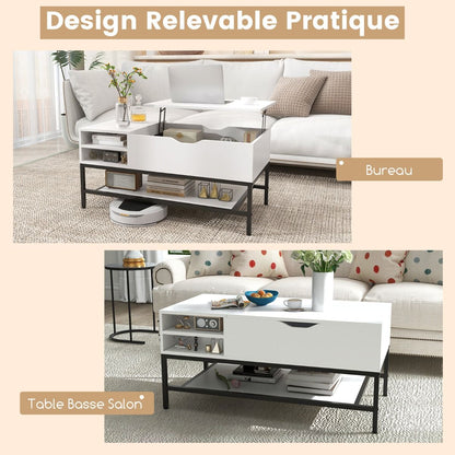 Table Basse À Plateau Relevable Table De Salon Avec Compartiment Caché Et Etagère De Rangement Amovible Table Centrale Rabattable Blanc/Gris